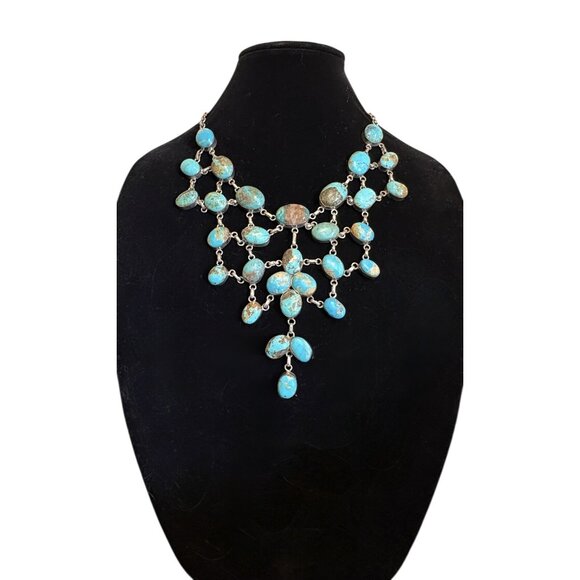 Vintage Sterling Silver Southwest Kingman? Turquoise Bib Statement Necklace 118g